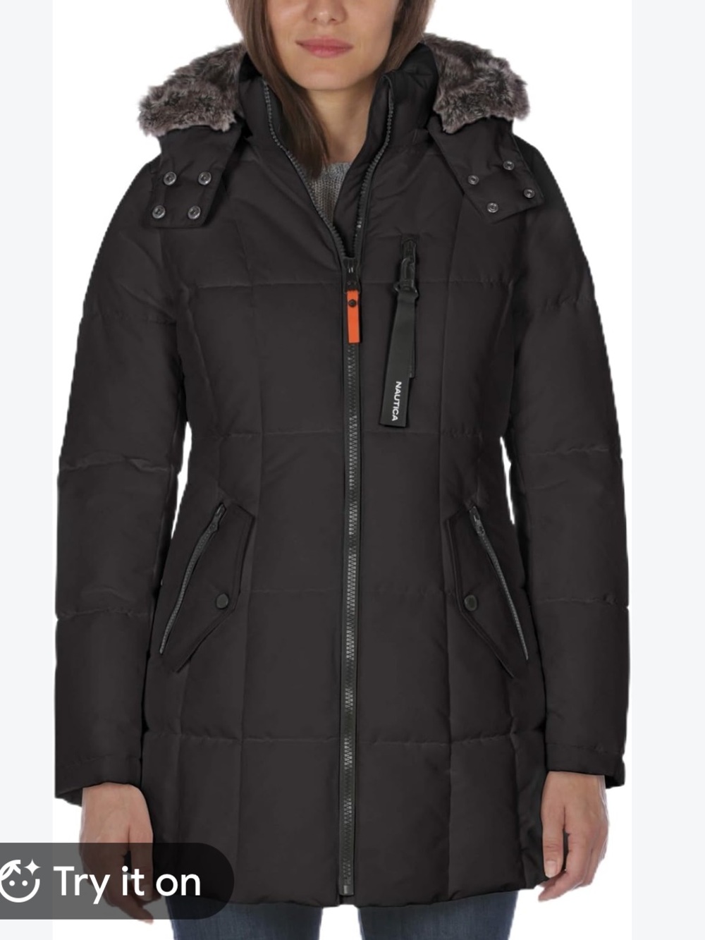 Nautica Women's Black Quilted Puffer Coat with removable Faux Fur Hood